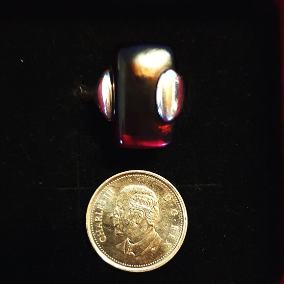 Fancy Vintage Cherry Red Baltic Amber Sterling Silver Modernist Statement Ring - Picture 8 of 16